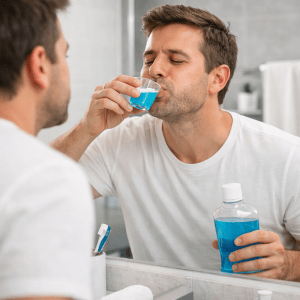 Person using antiseptic mouthwash daily as part of oral care routine