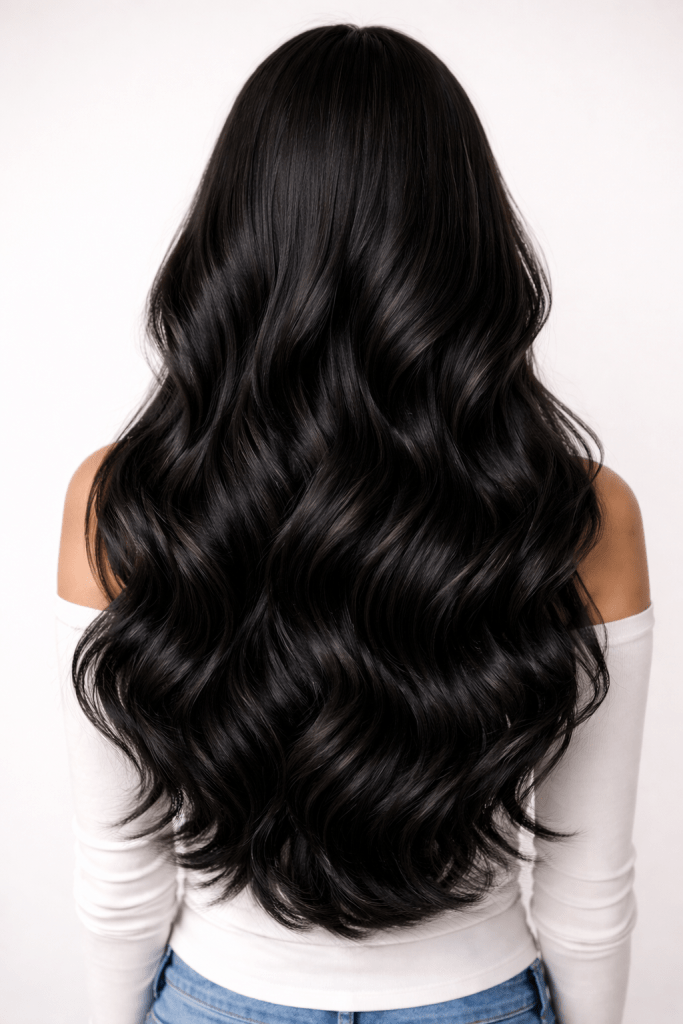 Black hair color close up to show what colors braces colors can look good with this hair color