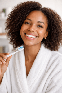 Person with healthy gums and teeth smiling demonstrating healthy oral care