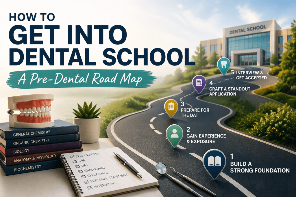 a quick graphic showing key steps or roadmap to getting into dental school