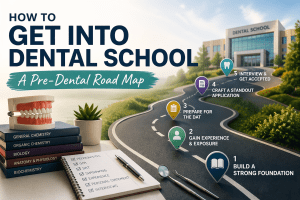 a quick graphic showing key steps or roadmap to getting into dental school