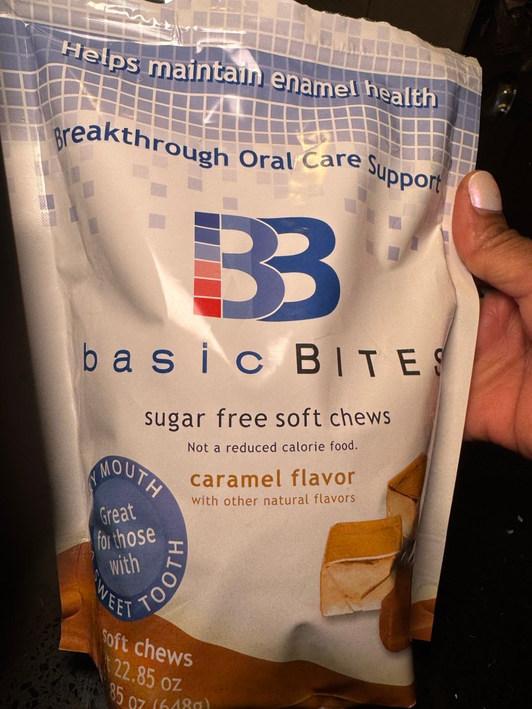 Close up of a bag of Basic Bites Dental Chews which helps maintain enamel support.
