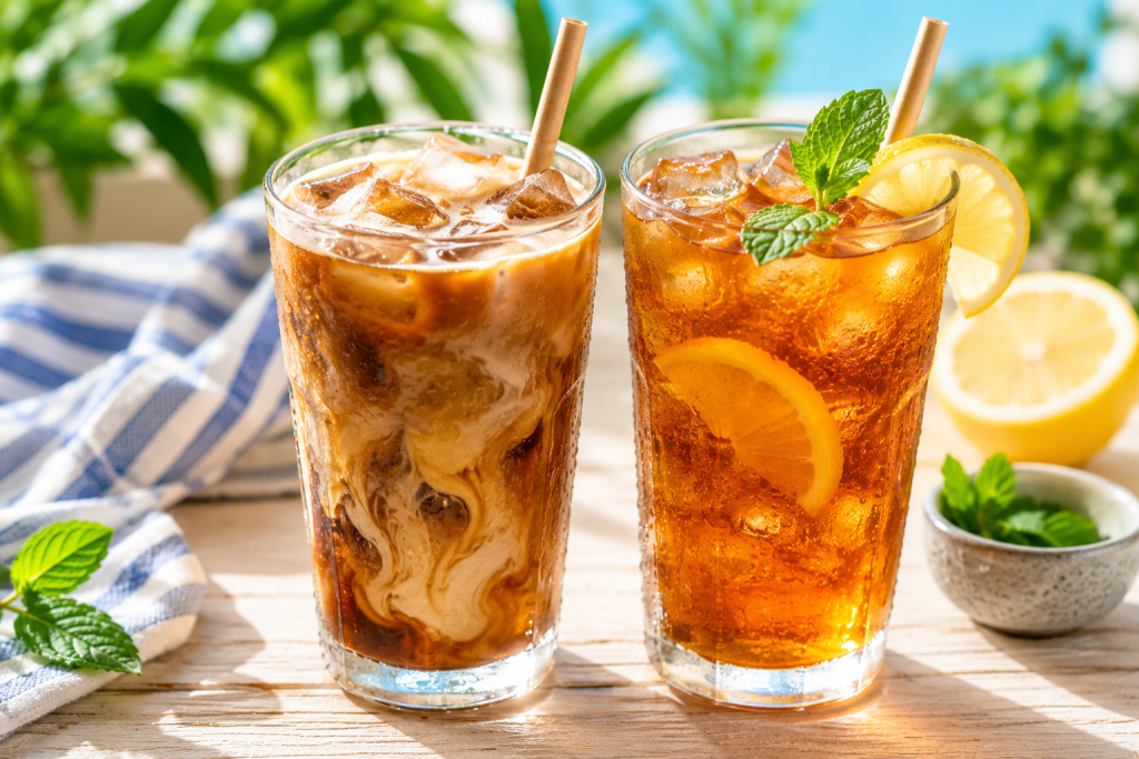 A close up image of iced coffee and iced tea